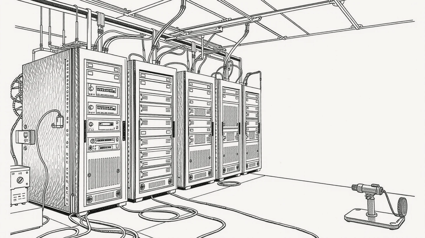 servers interconnected by cables in a laboratory setting with dna strands and biotech equipment surrounding them